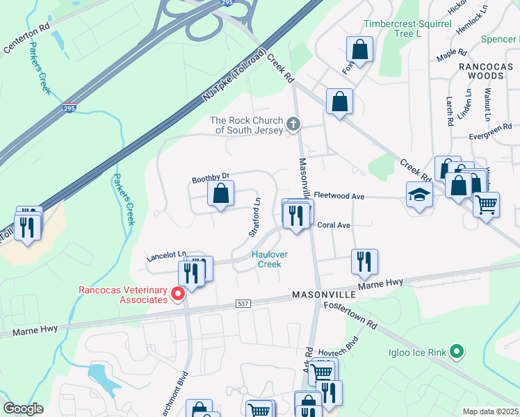 map of restaurants, bars, coffee shops, grocery stores, and more near 26 Stratford Lane in Mount Laurel Township