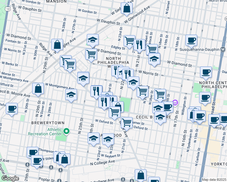 map of restaurants, bars, coffee shops, grocery stores, and more near 1820 North Croskey Street in Philadelphia