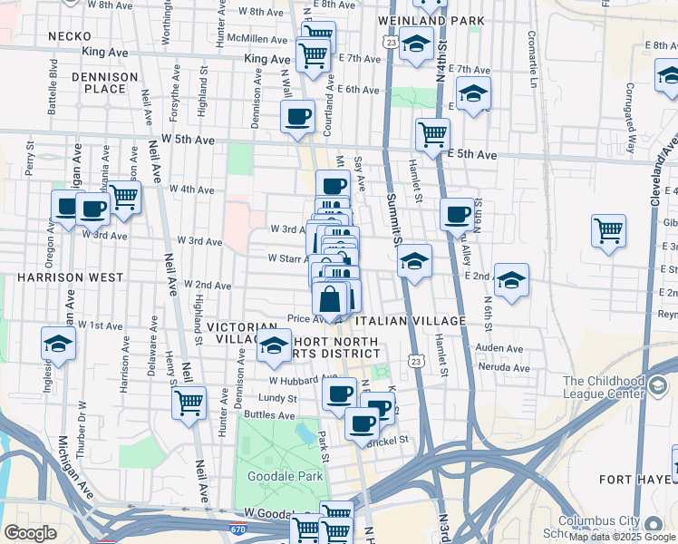 map of restaurants, bars, coffee shops, grocery stores, and more near 1014 North High Street in Columbus