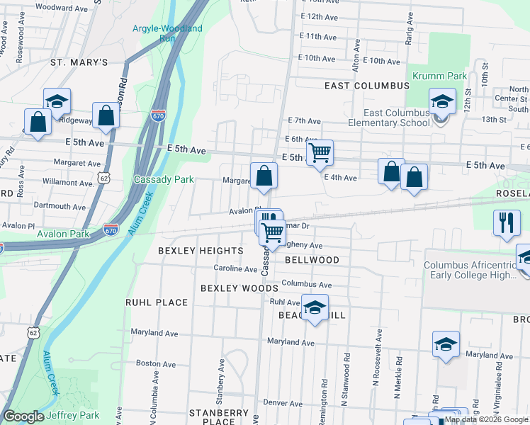 map of restaurants, bars, coffee shops, grocery stores, and more near 2665 Avalon Place in Columbus