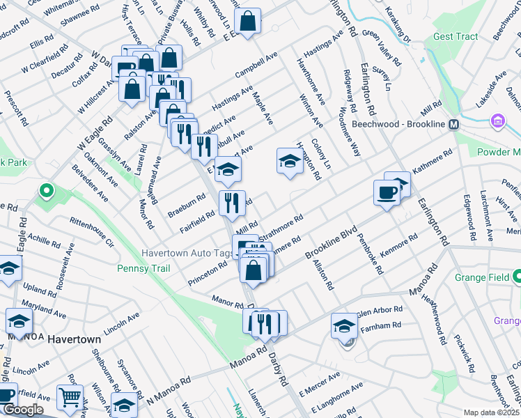 map of restaurants, bars, coffee shops, grocery stores, and more near 1607 Beverly Road in Havertown