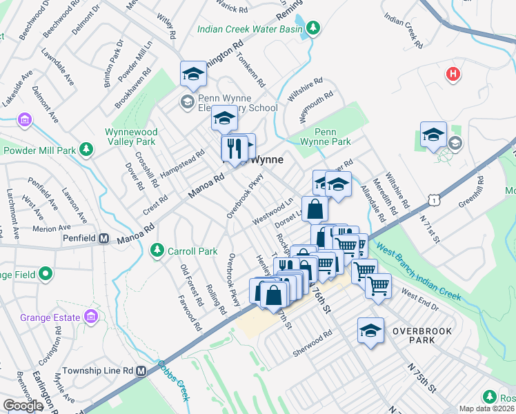 map of restaurants, bars, coffee shops, grocery stores, and more near 106 Rockglen Road in Wynnewood