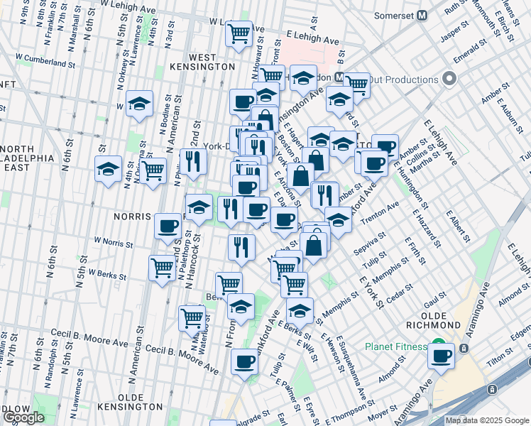 map of restaurants, bars, coffee shops, grocery stores, and more near 2027 East Susquehanna Avenue in Philadelphia