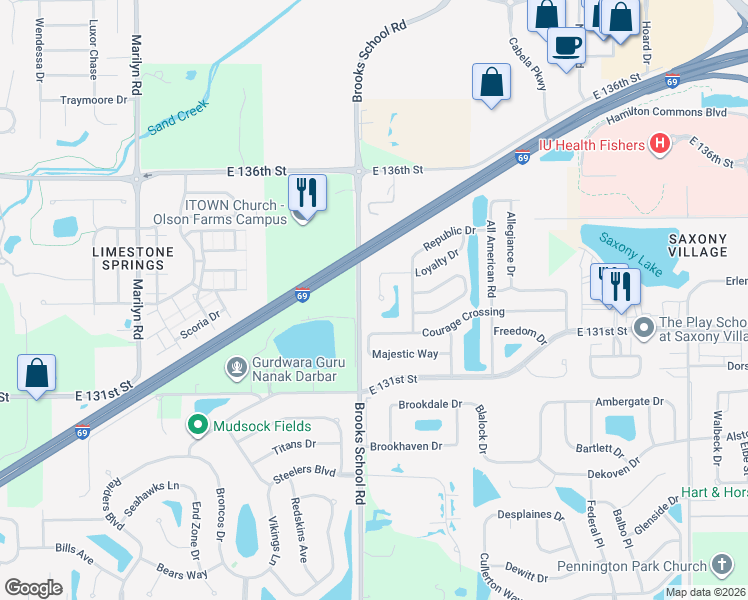 map of restaurants, bars, coffee shops, grocery stores, and more near 13304 Loyalty Drive in Fishers
