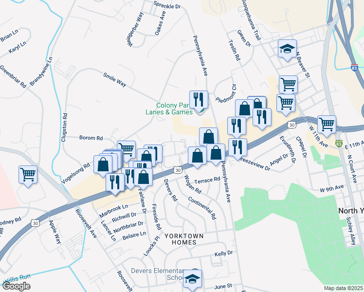 map of restaurants, bars, coffee shops, grocery stores, and more near 712 Hardwick Place in York
