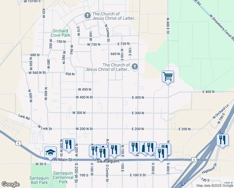 map of restaurants, bars, coffee shops, grocery stores, and more near 31 East 400 North in Santaquin