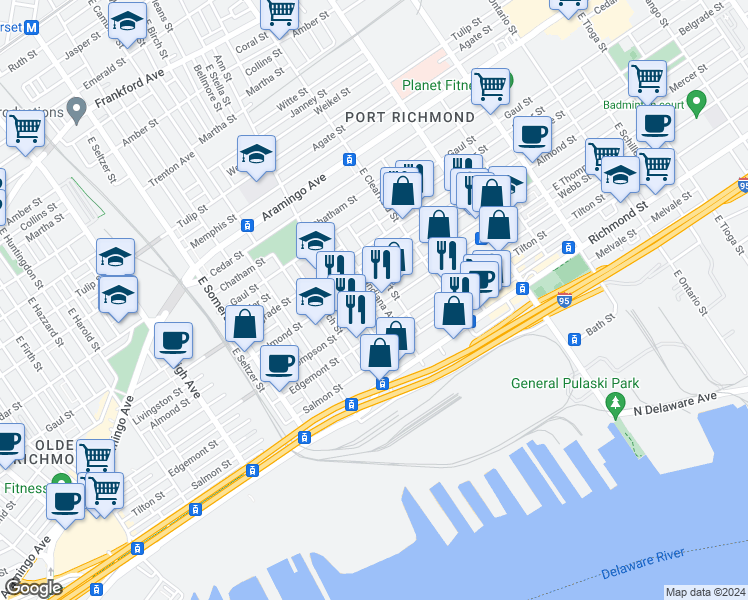 map of restaurants, bars, coffee shops, grocery stores, and more near 2624 East Indiana Avenue in Philadelphia