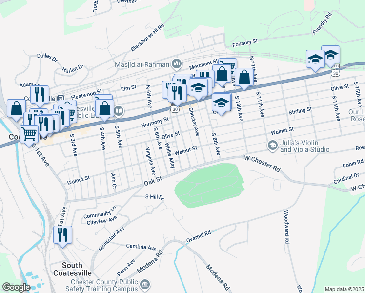 map of restaurants, bars, coffee shops, grocery stores, and more near 92 Pennsylvania Avenue in Coatesville