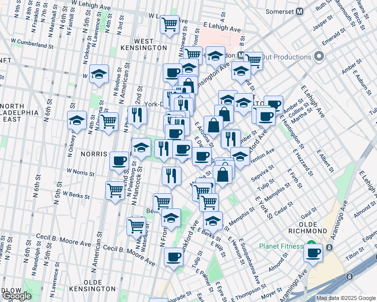 map of restaurants, bars, coffee shops, grocery stores, and more near 2027 East Susquehanna Avenue in Philadelphia