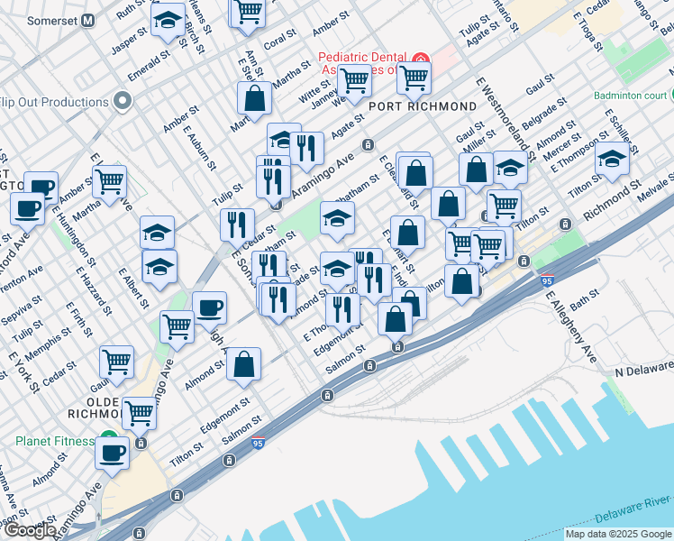 map of restaurants, bars, coffee shops, grocery stores, and more near 2550 East Birch Street in Philadelphia