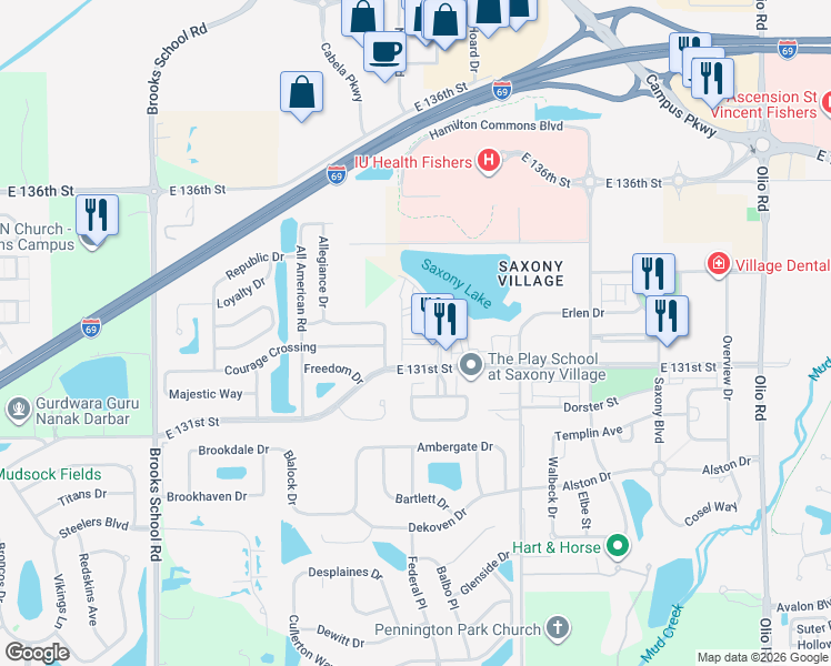 map of restaurants, bars, coffee shops, grocery stores, and more near 13065 Augustus Circle in Fishers