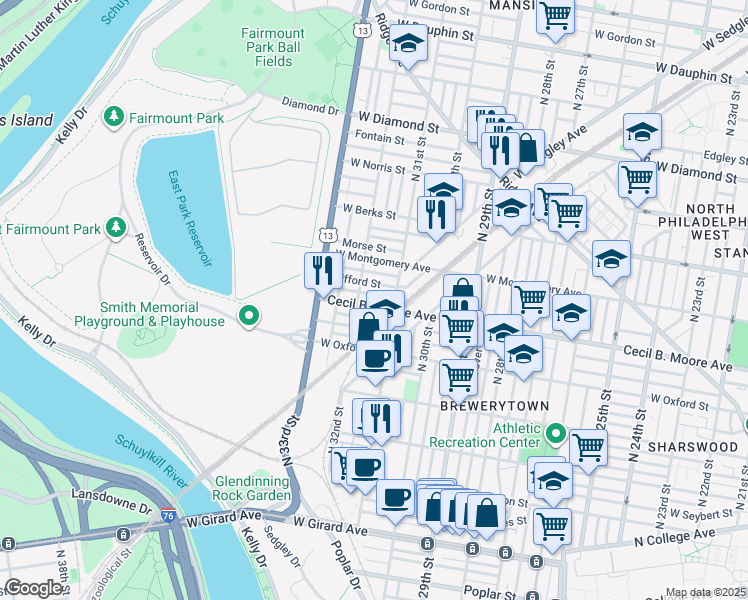 map of restaurants, bars, coffee shops, grocery stores, and more near 3125 Cecil B Moore Avenue in Philadelphia