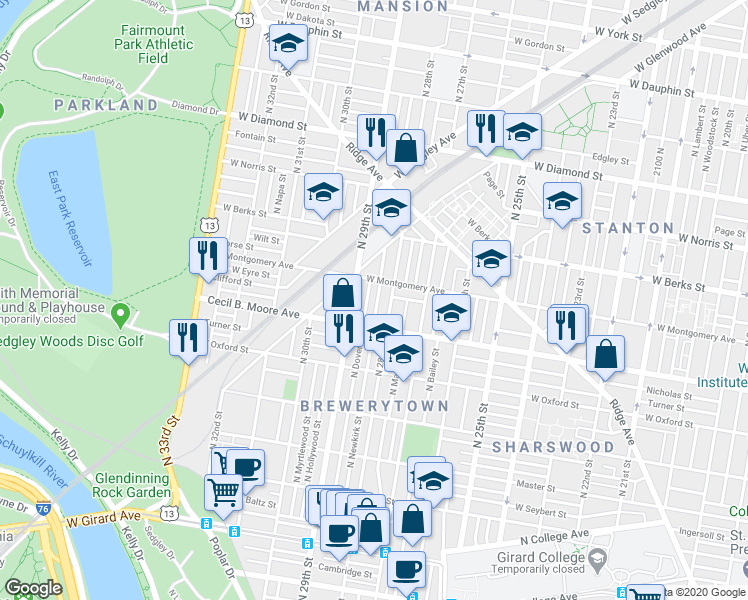 map of restaurants, bars, coffee shops, grocery stores, and more near 1740 North Newkirk Street in Philadelphia