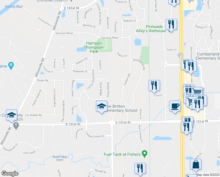map of restaurants, bars, coffee shops, grocery stores, and more near 8702 Buffett Parkway in Fishers