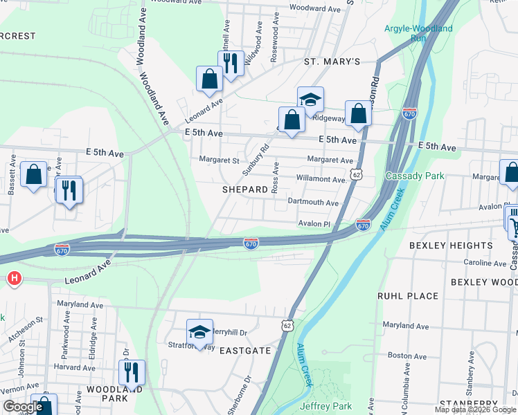 map of restaurants, bars, coffee shops, grocery stores, and more near 703 Ross Avenue in Columbus