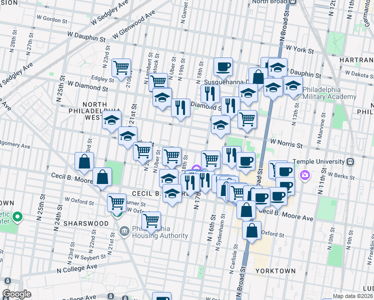 map of restaurants, bars, coffee shops, grocery stores, and more near N 18th St & W Berks St in Philadelphia