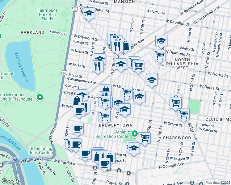 map of restaurants, bars, coffee shops, grocery stores, and more near 1740 North Newkirk Street in Philadelphia