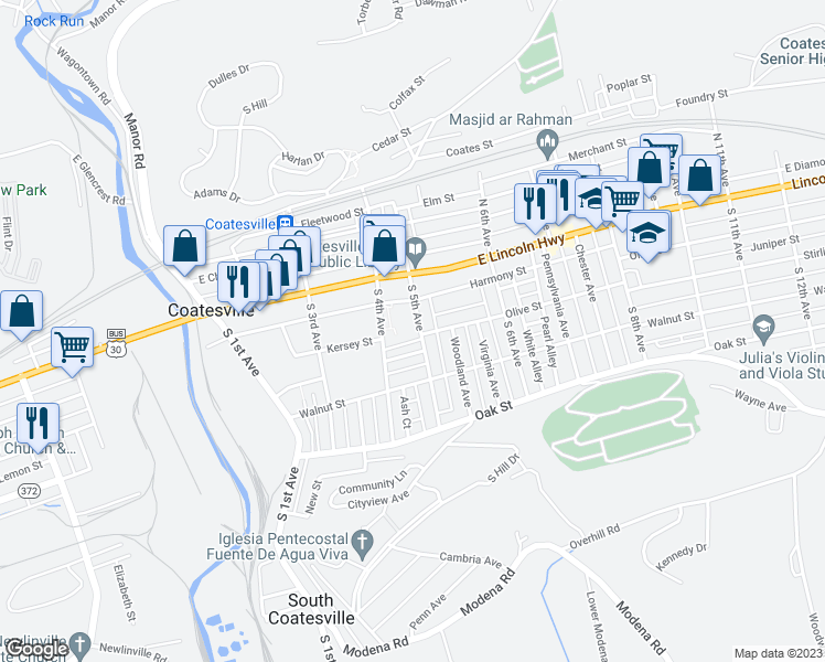 map of restaurants, bars, coffee shops, grocery stores, and more near 68 South 5th Avenue in Coatesville