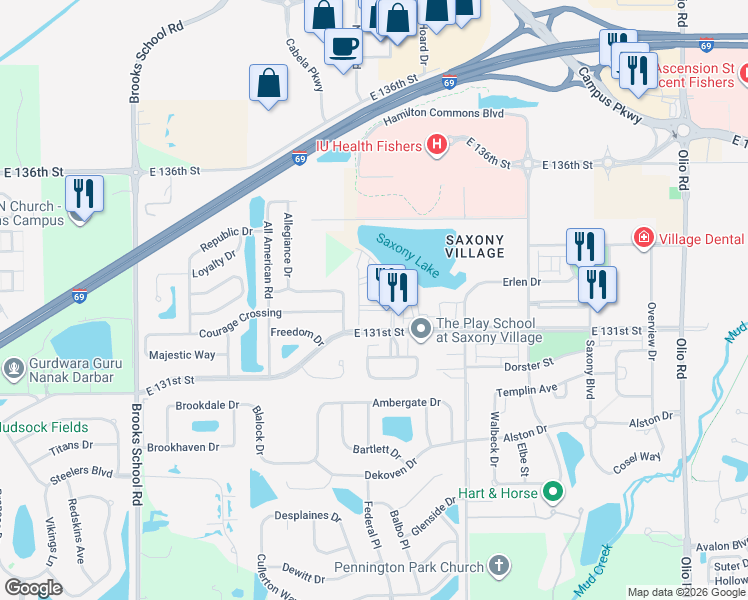 map of restaurants, bars, coffee shops, grocery stores, and more near 13065 Augustus Circle in Fishers