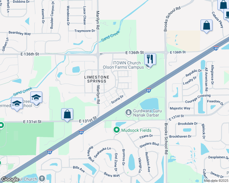 map of restaurants, bars, coffee shops, grocery stores, and more near 13289 Komatite Way in Fishers