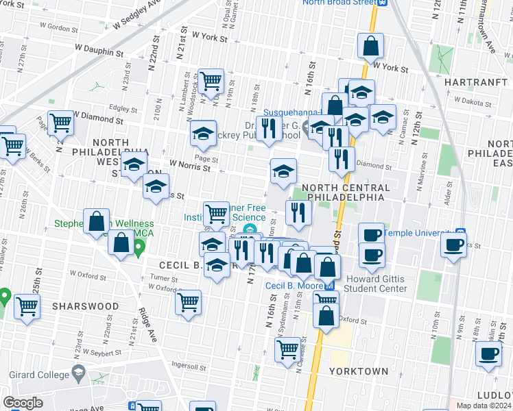 map of restaurants, bars, coffee shops, grocery stores, and more near 1713 West Berks Street in Philadelphia