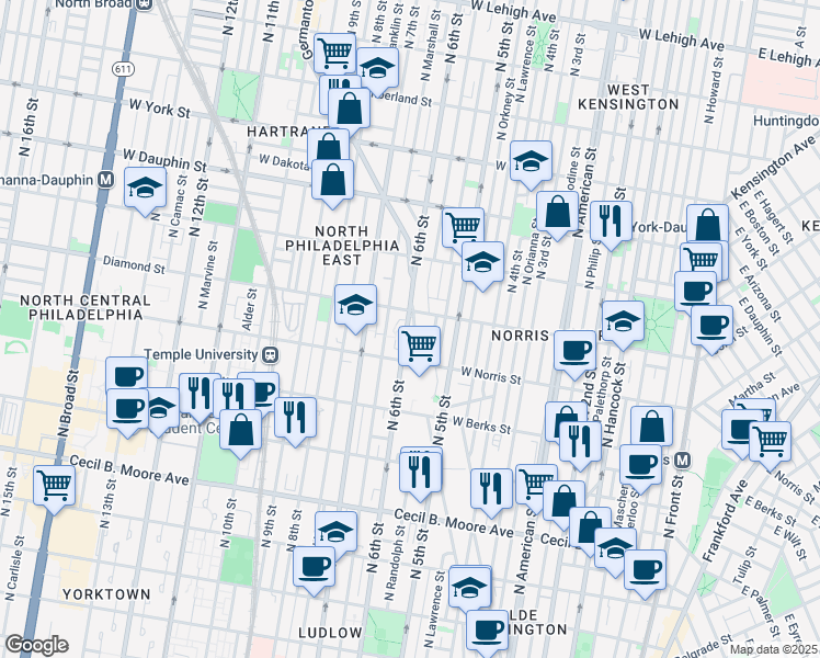 map of restaurants, bars, coffee shops, grocery stores, and more near 2036 Germantown Avenue in Philadelphia