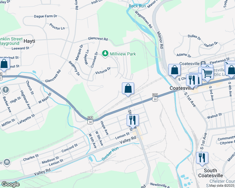 map of restaurants, bars, coffee shops, grocery stores, and more near 331 Mount Pleasant Street in Coatesville