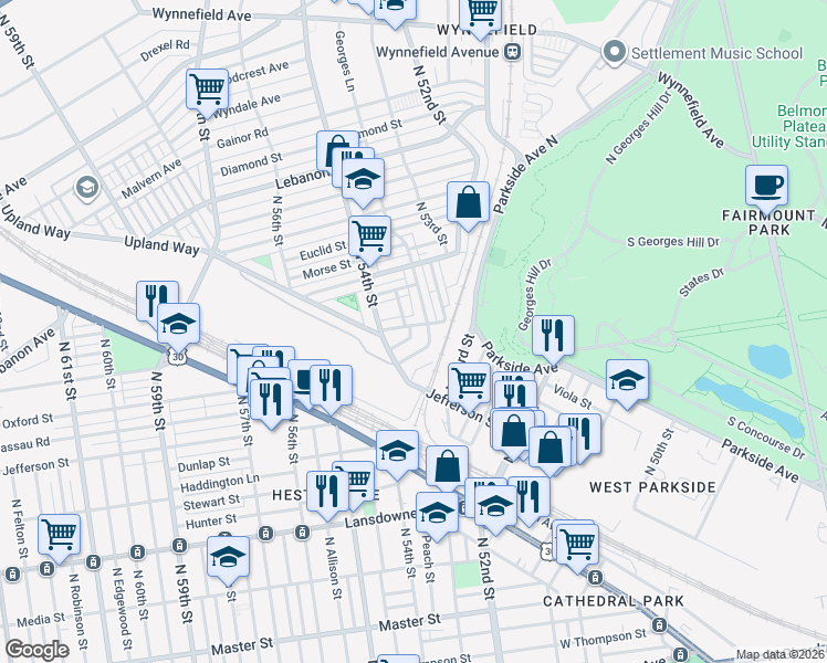 map of restaurants, bars, coffee shops, grocery stores, and more near 5328 West Columbia Avenue in Philadelphia