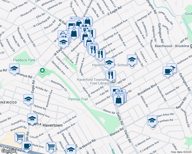 map of restaurants, bars, coffee shops, grocery stores, and more near 29 Braeburn Road in Havertown