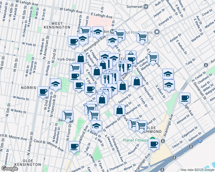 map of restaurants, bars, coffee shops, grocery stores, and more near 2407 Amber Street in Philadelphia