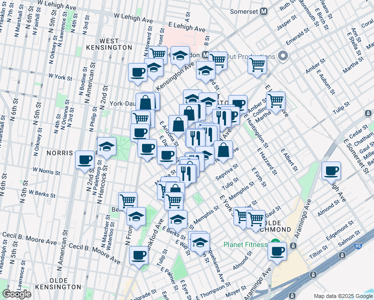 map of restaurants, bars, coffee shops, grocery stores, and more near 2068 East York Street in Philadelphia