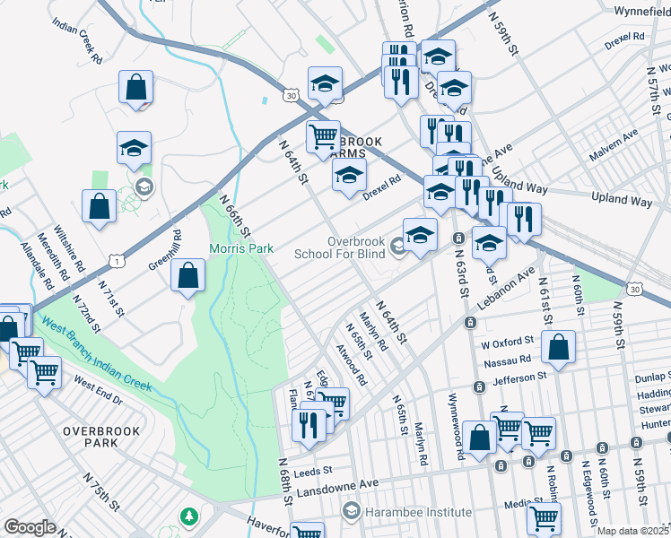 map of restaurants, bars, coffee shops, grocery stores, and more near 6421 Woodcrest Avenue in Philadelphia