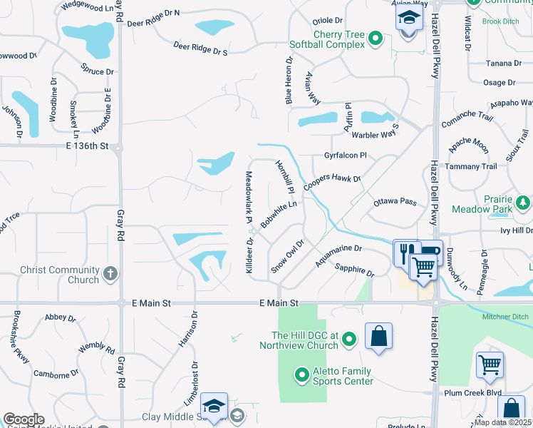 map of restaurants, bars, coffee shops, grocery stores, and more near 13275 Bobwhite Lane in Carmel