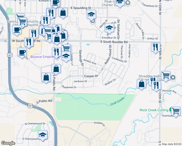 map of restaurants, bars, coffee shops, grocery stores, and more near 630 Rawlins Way in Lafayette
