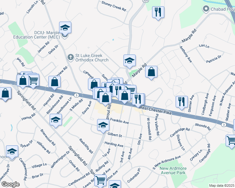 map of restaurants, bars, coffee shops, grocery stores, and more near 31 North Sproul Road in Broomall