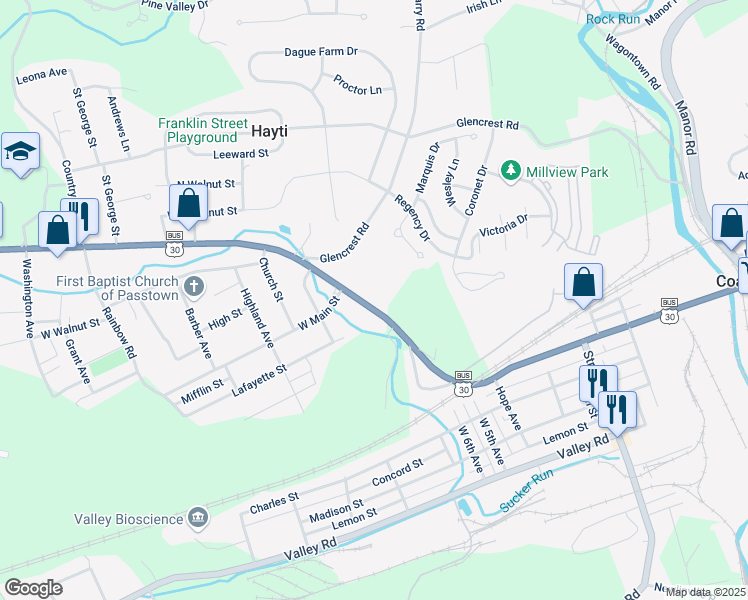 map of restaurants, bars, coffee shops, grocery stores, and more near 759 West Lincoln Highway in Coatesville