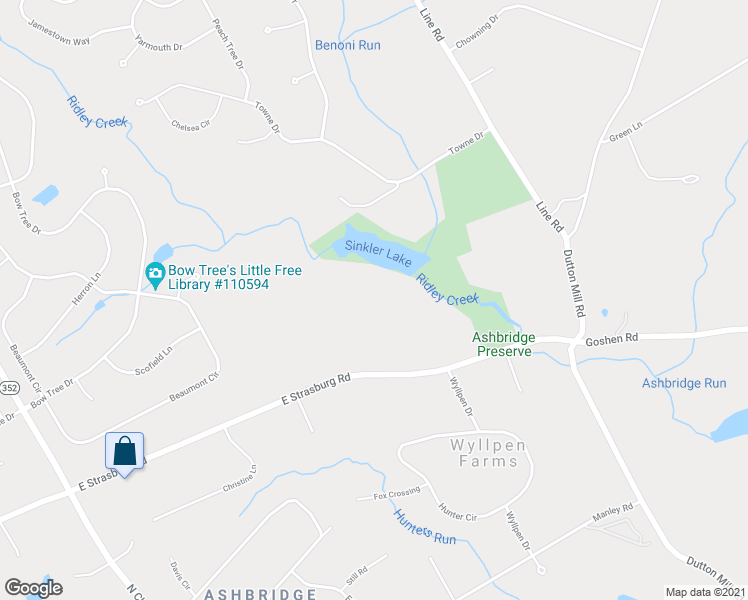 map of restaurants, bars, coffee shops, grocery stores, and more near 1671 East Strasburg Road in West Chester