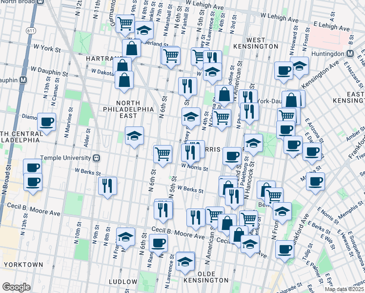 map of restaurants, bars, coffee shops, grocery stores, and more near 2055 North 5th Street in Philadelphia