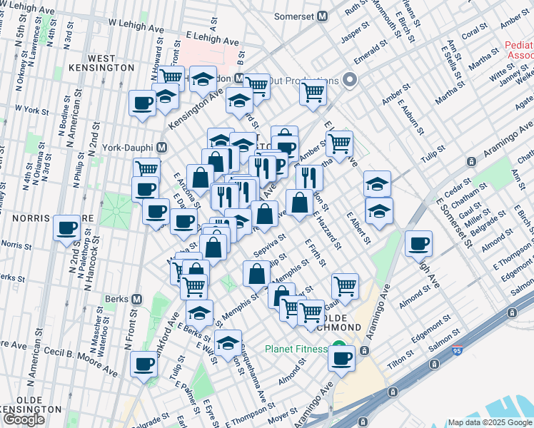 map of restaurants, bars, coffee shops, grocery stores, and more near 2138 East Cumberland Street in Philadelphia