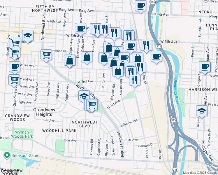 map of restaurants, bars, coffee shops, grocery stores, and more near 1155 Edgehill Road in Columbus