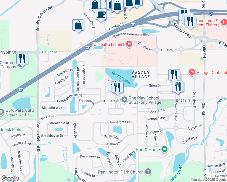 map of restaurants, bars, coffee shops, grocery stores, and more near 13065 Augustus Circle in Fishers