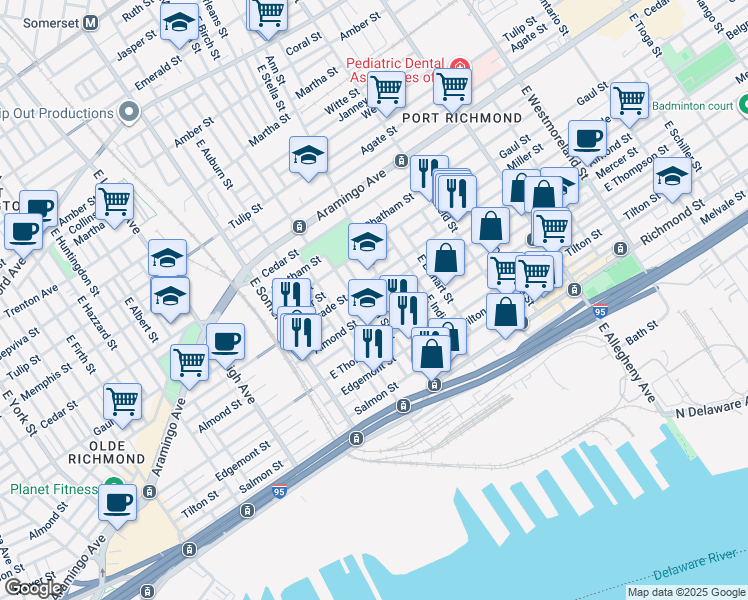 map of restaurants, bars, coffee shops, grocery stores, and more near 2559 East Birch Street in Philadelphia