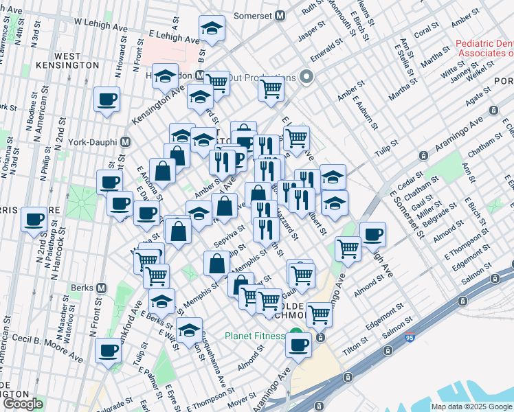 map of restaurants, bars, coffee shops, grocery stores, and more near 2162 East Sergeant Street in Philadelphia