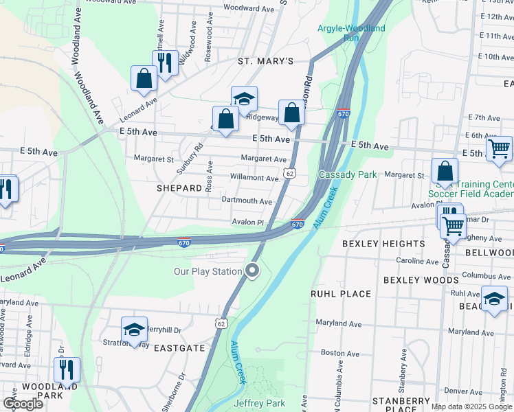 map of restaurants, bars, coffee shops, grocery stores, and more near 2241 Dartmouth Avenue in Columbus