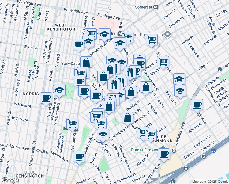 map of restaurants, bars, coffee shops, grocery stores, and more near 2407 Amber Street in Philadelphia