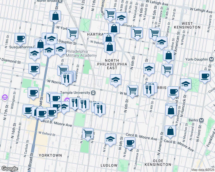 map of restaurants, bars, coffee shops, grocery stores, and more near 2022 North 8th Street in Philadelphia
