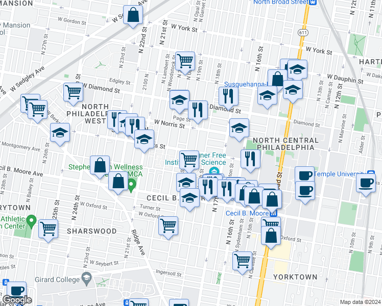 map of restaurants, bars, coffee shops, grocery stores, and more near 1820 West Berks Street in Philadelphia