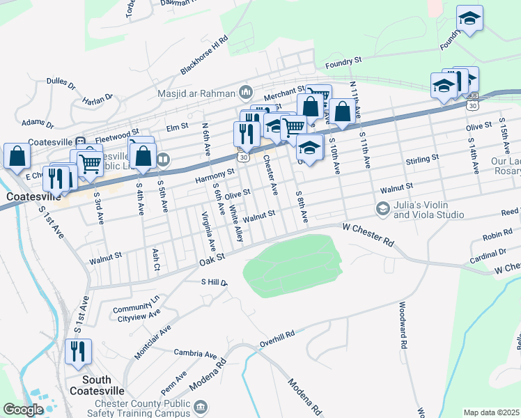 map of restaurants, bars, coffee shops, grocery stores, and more near 95 Pennsylvania Avenue in Coatesville