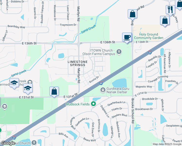 map of restaurants, bars, coffee shops, grocery stores, and more near 13289 Komatite Way in Fishers