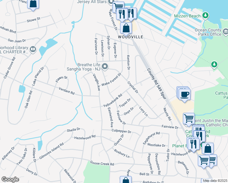 map of restaurants, bars, coffee shops, grocery stores, and more near 1015 Zircon Drive in Toms River